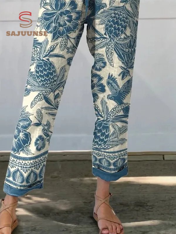 Batik Style Ethnic Floral Pattern Printed Women's Cotton And Linen Casual Pants