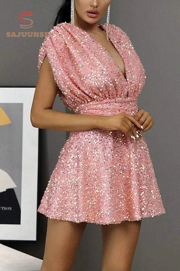 V-neck Sequined Belted Backless Skirt