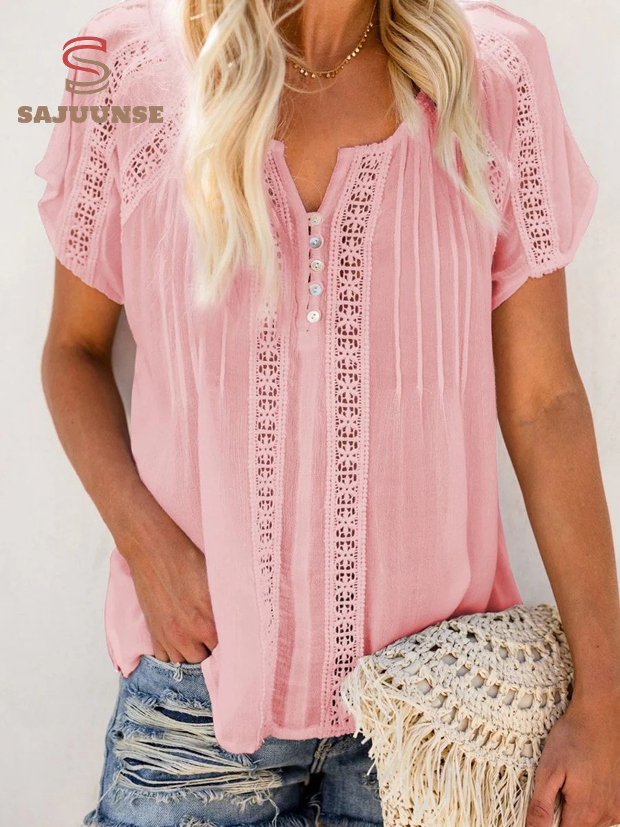 V-neck Short Sleeve Lace Hollow-out Blouse