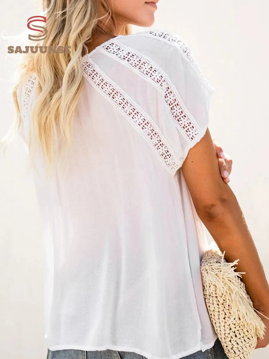 V-neck Short Sleeve Lace Hollow-out Blouse
