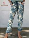 Batik Style Ethnic Floral Pattern Printed Women's Cotton And Linen Casual Pants