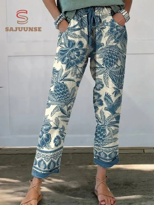 Batik Style Ethnic Floral Pattern Printed Women's Cotton And Linen Casual Pants