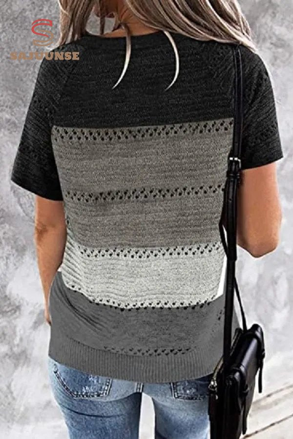 Loose Color Matching Hollow Large Size Knitted T-shirt