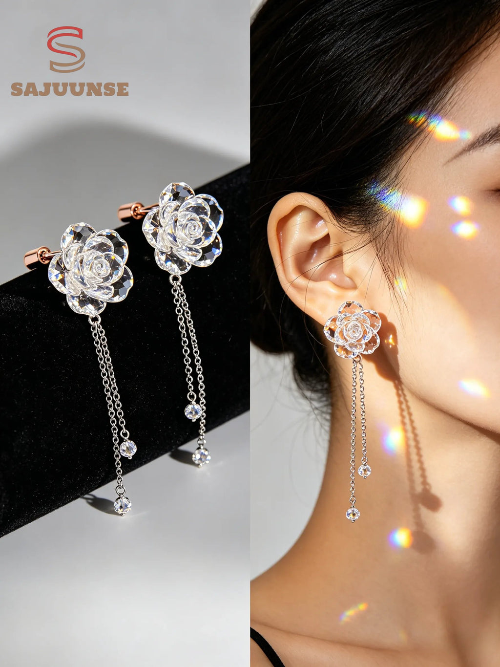Crystal Rose Tassel Clip On Earrings