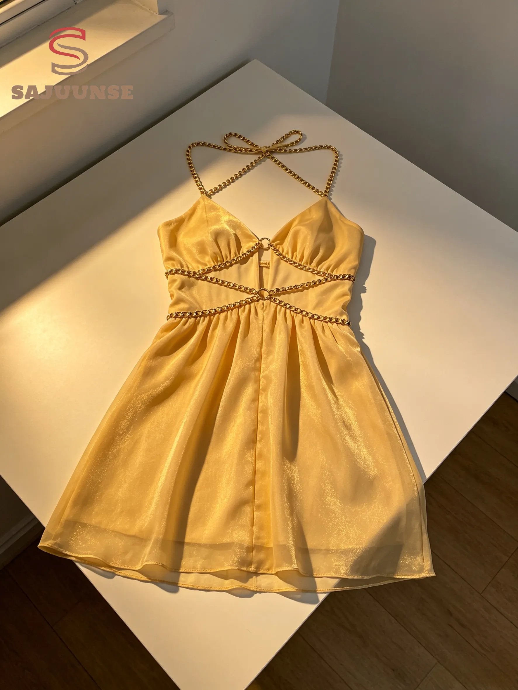 Summer Night Golden-chain Backless Mini Dress
