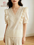 Lace V-neck Ruffled Short-sleeved Shirt