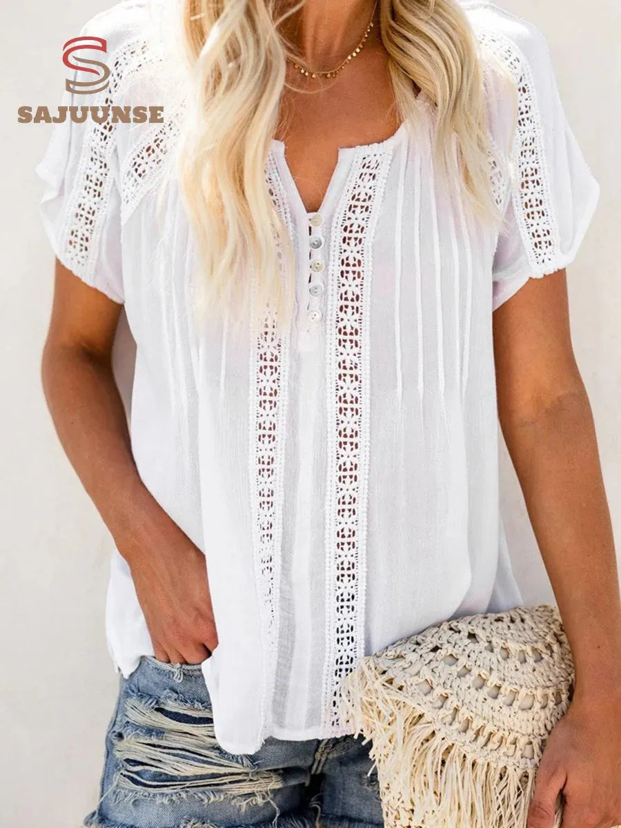 V-neck Short Sleeve Lace Hollow-out Blouse