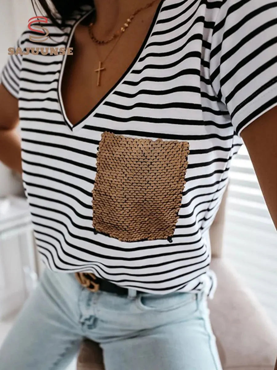 Striped Sequin Pocket V-neck Short-sleeved T-shirt