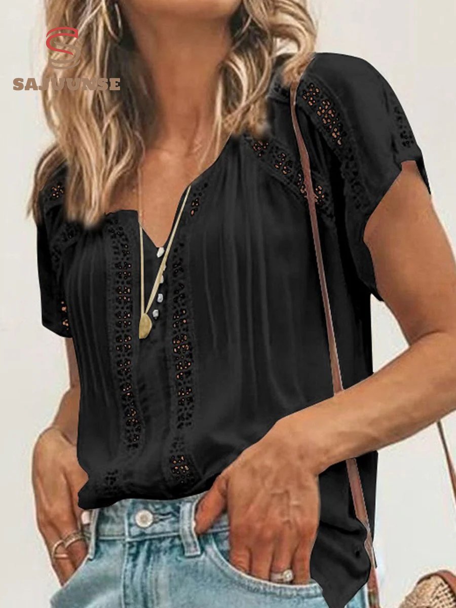 V-neck Short Sleeve Lace Hollow-out Blouse