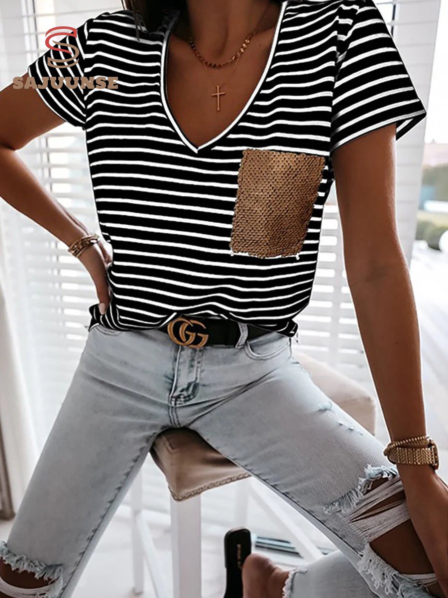 Striped Sequin Pocket V-neck Short-sleeved T-shirt