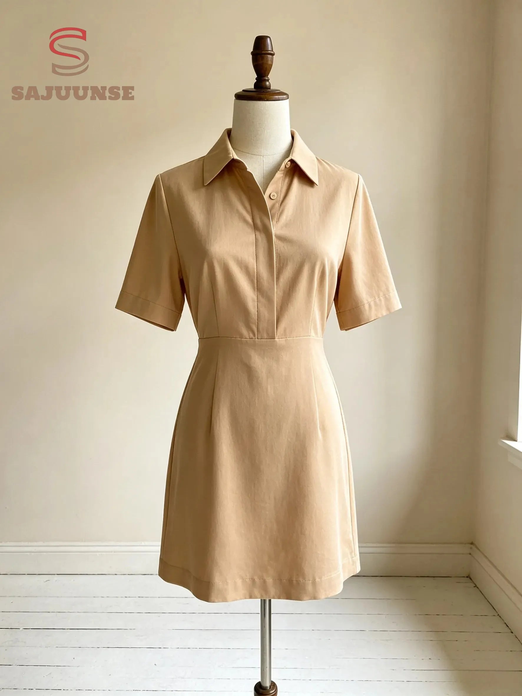 Short Sleeve Solid Color Shirt Collar Mini Dress
