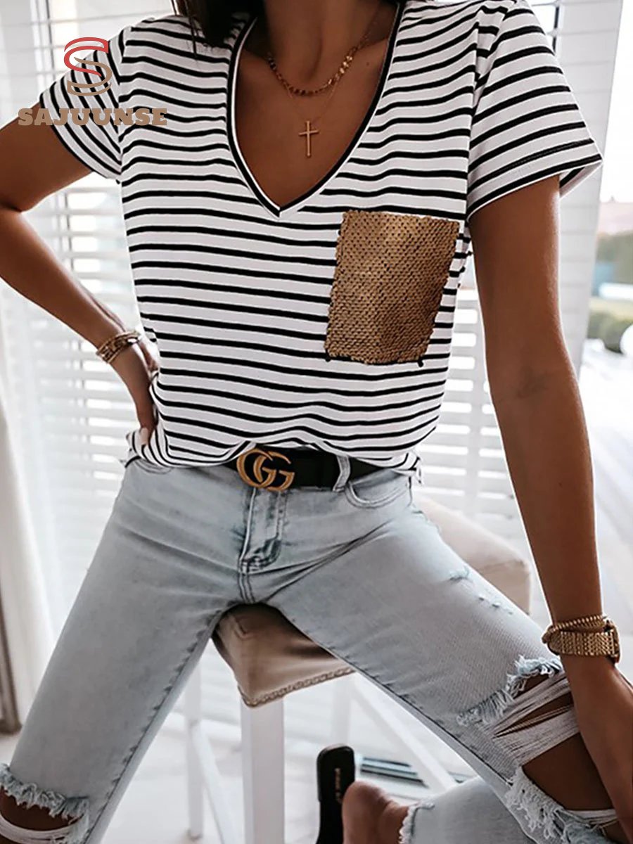 Striped Sequin Pocket V-neck Short-sleeved T-shirt