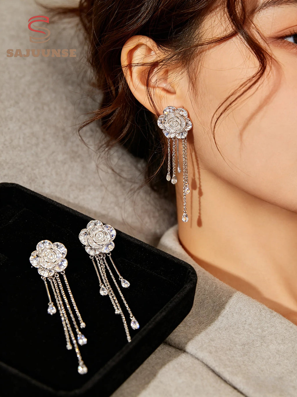 Crystal Rose Tassel Clip On Earrings