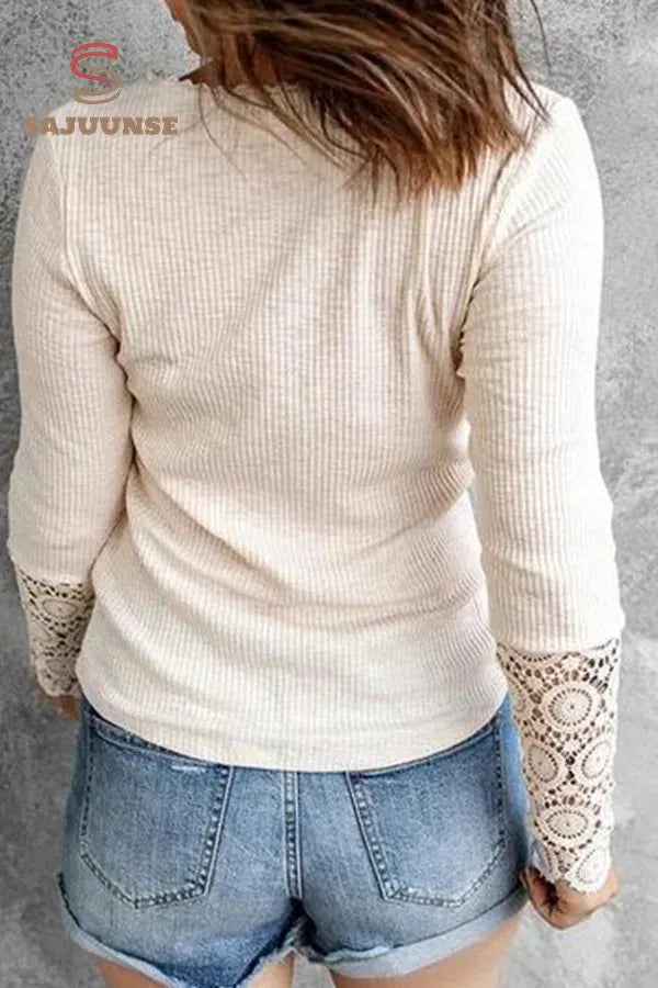 Lace Stitching Sleeve Ribbed-Knit Top