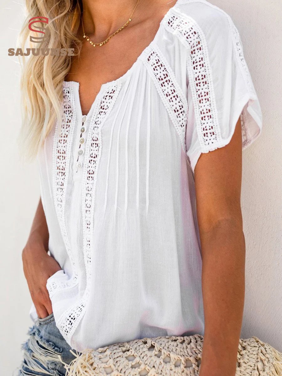 V-neck Short Sleeve Lace Hollow-out Blouse