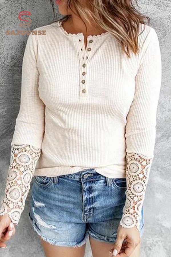 Lace Stitching Sleeve Ribbed-Knit Top